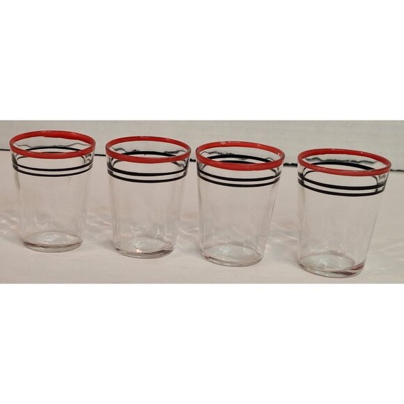 Lot Of 4 Barware Shot Glasses MCM Red Black Rim Federal Faceted - Picture 1 of 10